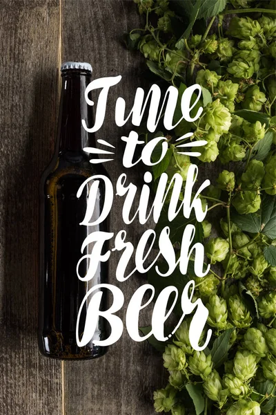 Top View Fresh Beer Bottle Green Hop Wooden Surface Time — Stockfoto