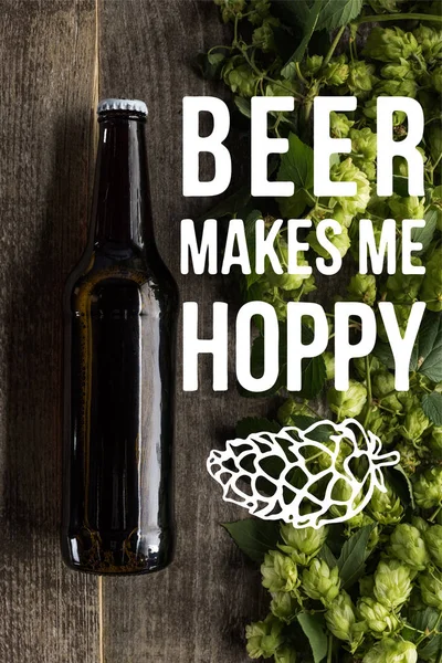 Top View Fresh Beer Bottle Green Hop Wooden Surface Beer — Stock Photo, Image