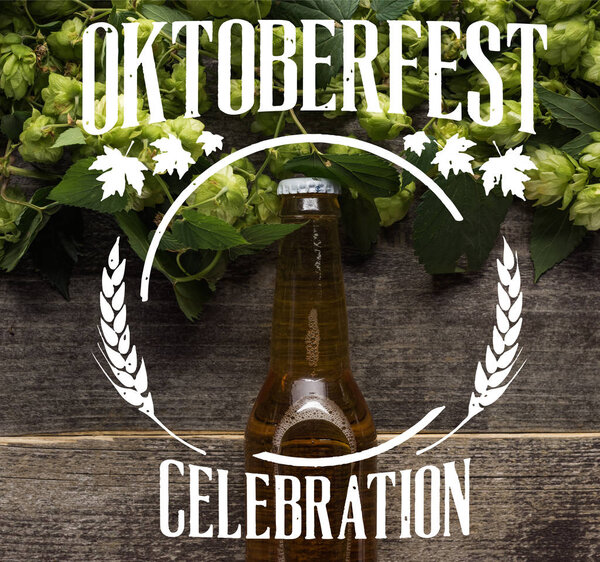 top view of fresh beer in bottle with green hop on wooden surface with Oktoberfest celebration illustration