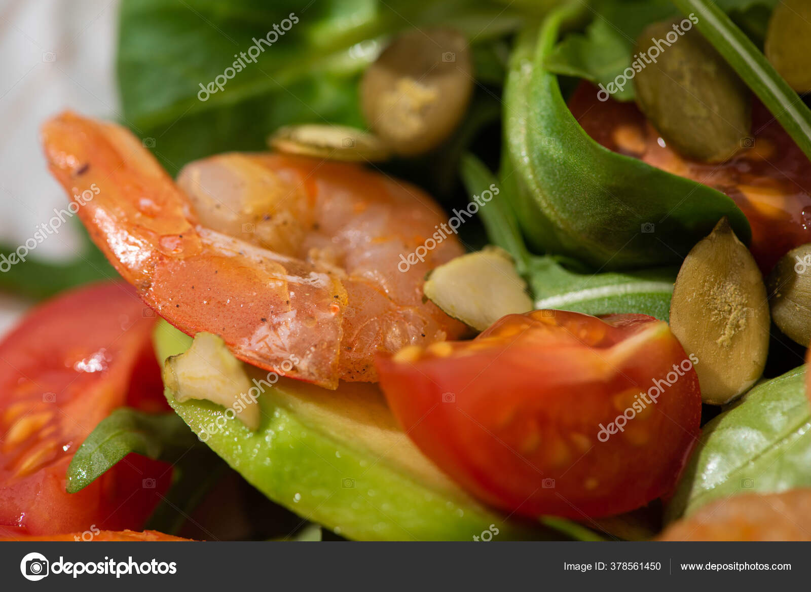 Close View Fresh Green Salad Pumpkin Seeds Cherry Tomatoes Shrimps