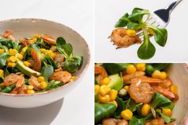 Beyaz arka planda taze yeşil salata, mısır, karides ve avokado kolajı.