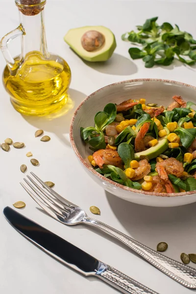 Fresh Green Salad Corn Shrimps Avocado Plate Cutlery White Background — Stock Photo, Image