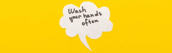 Top View Speech Bubbles Wash Your Hands Lettering Yellow Background — Stock Photo, Image