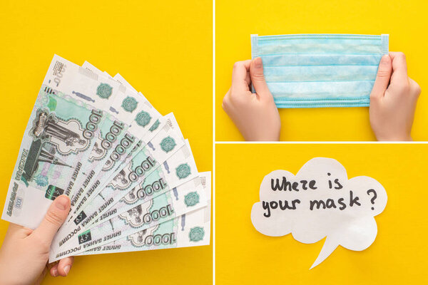 КИЕВ, УКРАИНА - 25 МАРТА 2020 г.: вид сверху на женские руки с российскими банкнотами и медицинскую маску рядом с речевым пузырем на желтом фоне, коллаж
