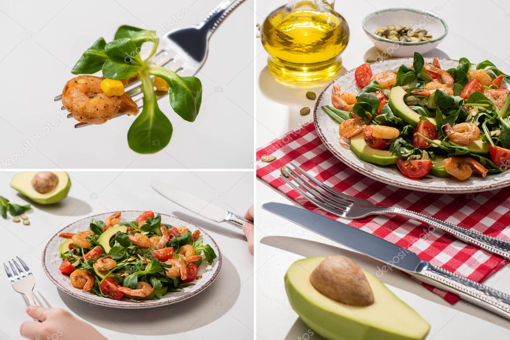 collage of woman eating fresh green salad with shrimps and avocado on white background
