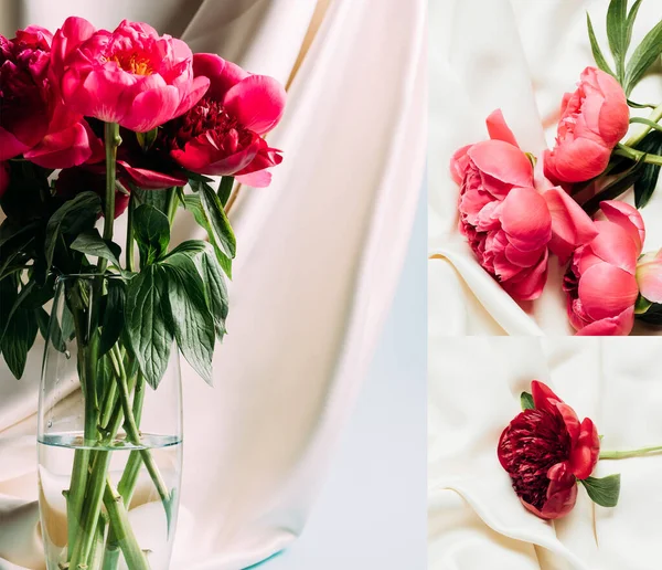 Bouquet Pivoines Roses Dans Vase Verre Près Tissu Beige Sur — Photo