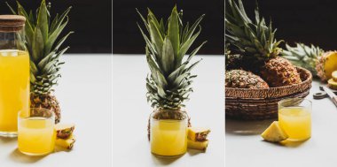 Şişedeki taze ananas suyu kolajı ve siyah üzerine izole edilmiş beyaz yüzey üzerinde kesilmiş lezzetli meyveler.