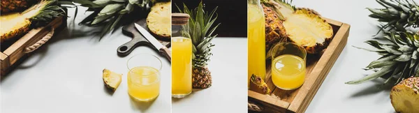 Collage Fresh Pineapple Juice Cut Delicious Fruit White Background Panoramic — Stock Photo, Image