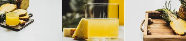 파인애플 주스를 콜라주 배경에 쟁반에 맛있는 과일을 파노라마처럼 방향을 잡는다 — 스톡 사진