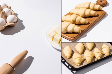 Pişirme tepsisindeki çiğ kruvasan kolajı ve beyaz arkaplandaki malzemelerin yanında tahta kesme.