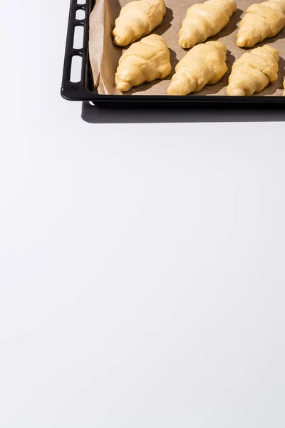 Raw Croissants Baking Tray White Background — Stock Photo, Image