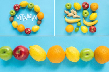Olgun meyvelerin üst görüntüsü ve mavi arka planda kelime vitamini, kolaj
