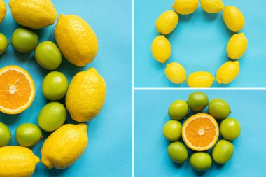 Olgun sarı limonlar, turuncu ve limonlar mavi arka planda daireler halinde dizilmiş, kolaj