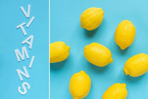 Верхний Вид Спелых Желтых Лимонов Витаминов Слова Синем Фоне Коллаж — стоковое фото