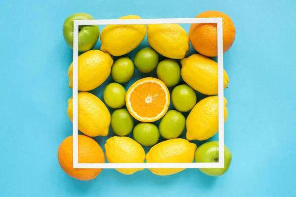 Top View Fresh Fruits Square Frame Blue Background — Stock Photo, Image