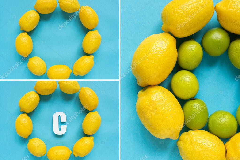 Top view of ripe yellow lemons and limes arranged in circles and letter C on blue background, collage