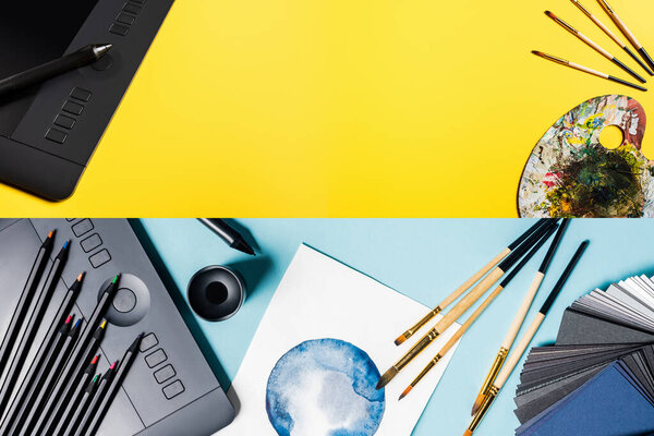 Collage of graphics tablet, color pencils and watercolor drawing on blue and yellow surface