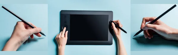Colagem Homem Usando Gráficos Tablet Segurando Lápis Cor Fundo Azul — Fotografia de Stock