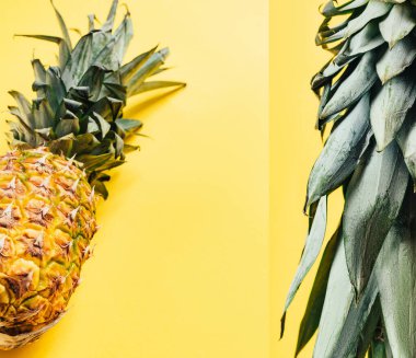 yeşil yapraklı taze ananas kolajı sarı arka planda