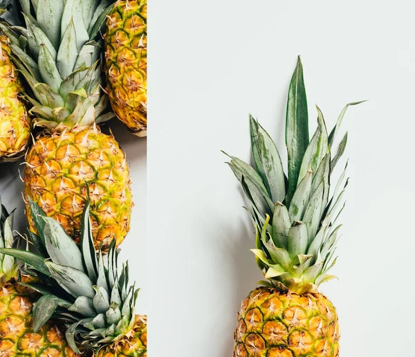 Collage Ananas Maturi Con Foglie Verdi Sfondo Bianco — Foto Stock