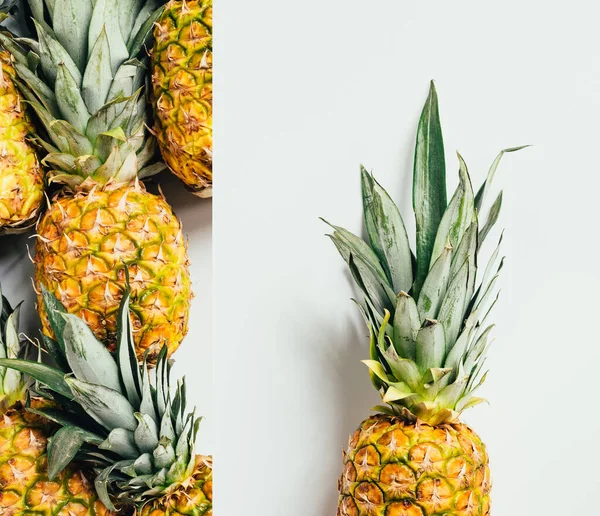 Collage Piñas Maduras Con Hojas Verdes Sobre Fondo Blanco — Foto de Stock