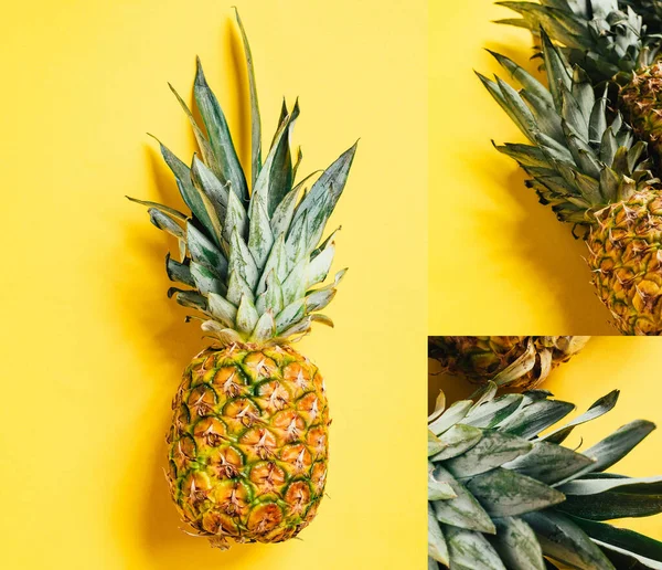 Collage Fresh Ripe Pineapples Green Leaves Yellow Background — Stock Photo, Image