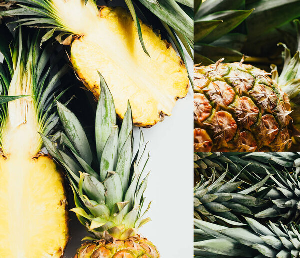 collage of ripe pineapples with green leaves on white background