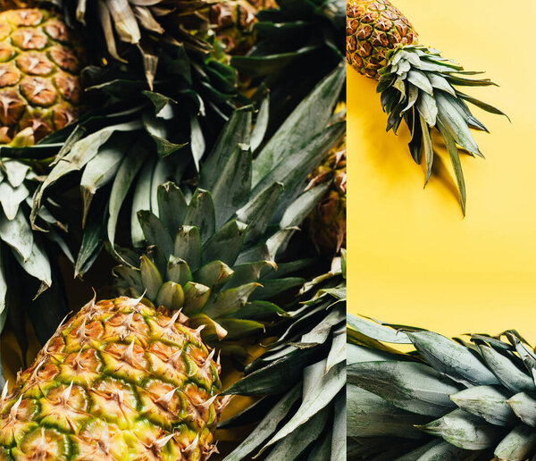 collage of fresh ripe pineapples on yellow background