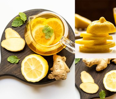 Zencefil kökü yanında sıcak çay kolajı, beyaz arka planda tahta tahtada limon ve nane.