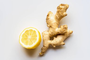 top view of ginger root, lemon on white background clipart