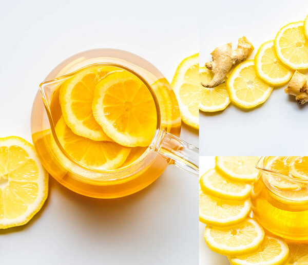 коллаж горячего чая возле корня имбиря, лимон на белом фоне

