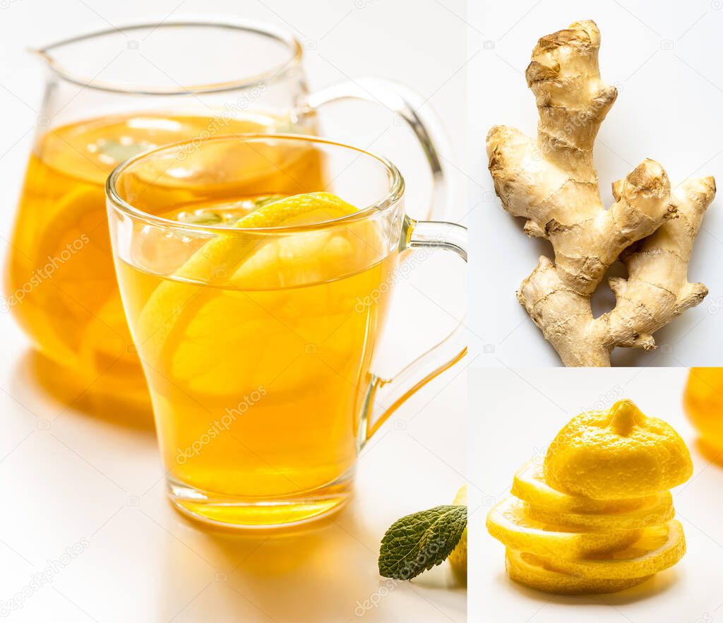 collage of hot tea near ginger root, lemon and mint on white background