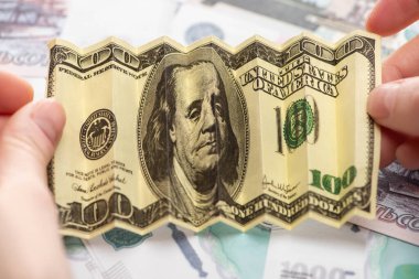 Kırpılmış dolar banknotları tutan kadın manzarası 