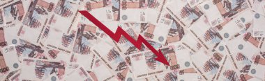 KYIV, UKRAINE - MARCH 25, 2020: panoramic concept of crisis graph near russian ruble banknotes  clipart