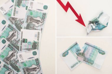 KYIV, UKRAINE - 25 Mart 2020: Rus rublesi yakınlarındaki kriz grafiği kolajı beyaz banknotlar üzerinde izole edildi 