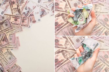 KYIV, UKRAINE - 25 Mart 2020: Kırışmış Rus rublesi banknotlarını beyaz üzerine izole edilmiş dolarlara yakın tutmak kolajı 