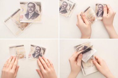 KYIV, UKRAINE - 25 Mart 2020: Beyaz üzerinde izole edilmiş Japon yen banknotları tutan, sayan ve yırtan kadın kolajı