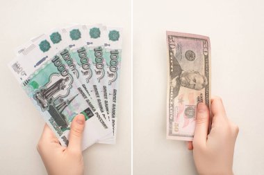 KYIV, UKRAINE - 25 Mart 2020: Rus rublesi taşıyan kadın kolajı ve beyaz üzerine izole edilmiş dolar banknotu 