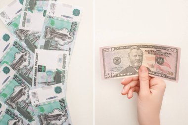 KYIV, UKRAINE - 25 Mart 2020: Beyaz rubleye izole edilmiş Rus rublesi yakınlarında dolar banknotları tutan kadın kolajı 