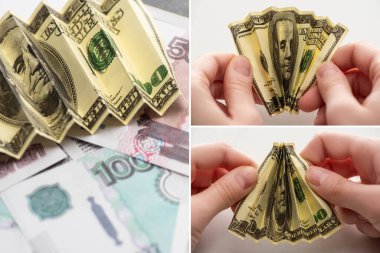 collage of woman holding crumpled dollar banknotes near russian rubles on white clipart