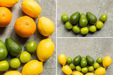 Gri beton yüzeyde renkli portakallar, avokado, limon ve limonların üst görünümü, kolaj