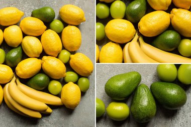 Gri beton yüzey üzerinde renkli muz, avokado, limon ve limon manzarası, kolaj