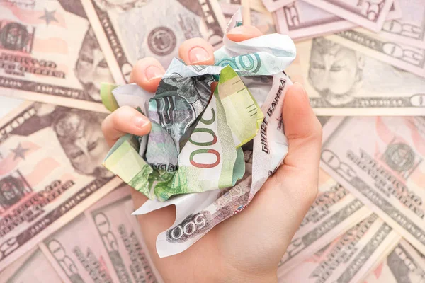 Cropped View Woman Holding Crumpled Ruble Banknotes Dollars — Stock Photo, Image