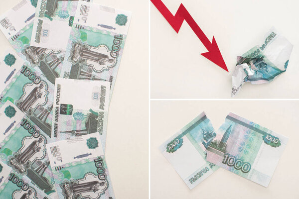 KYIV, UKRAINE - MARCH 25, 2020: collage of crisis graph near russian ruble banknotes isolated on white 