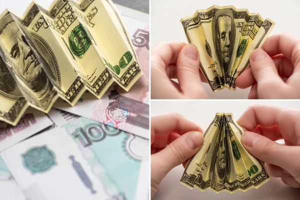 Beyaz Rublelerin Yanında Buruşuk Dolar Banknotları Tutan Kadın Kolajı — Stok fotoğraf