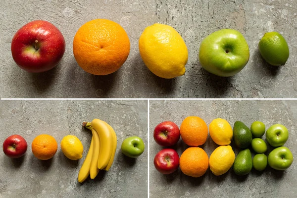 Top View Tasty Colorful Fruits Grey Concrete Surface Collage — Stock Photo, Image