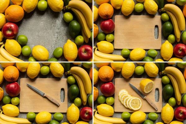 Top View Tasty Colorful Fruits Wooden Cutting Board Lemon Slices — Stock Photo, Image