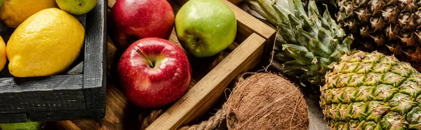 Panoramic Shot Ripe Fresh Fruits Wooden Boxes — Stock Photo, Image