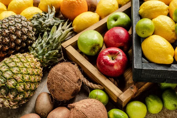 Ripe Fresh Summer Fruits Wooden Boxes — Stock Photo, Image