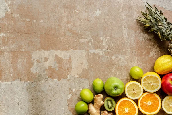 Top View Ripe Summer Fruits Weathered Beige Surface — Stock Photo, Image